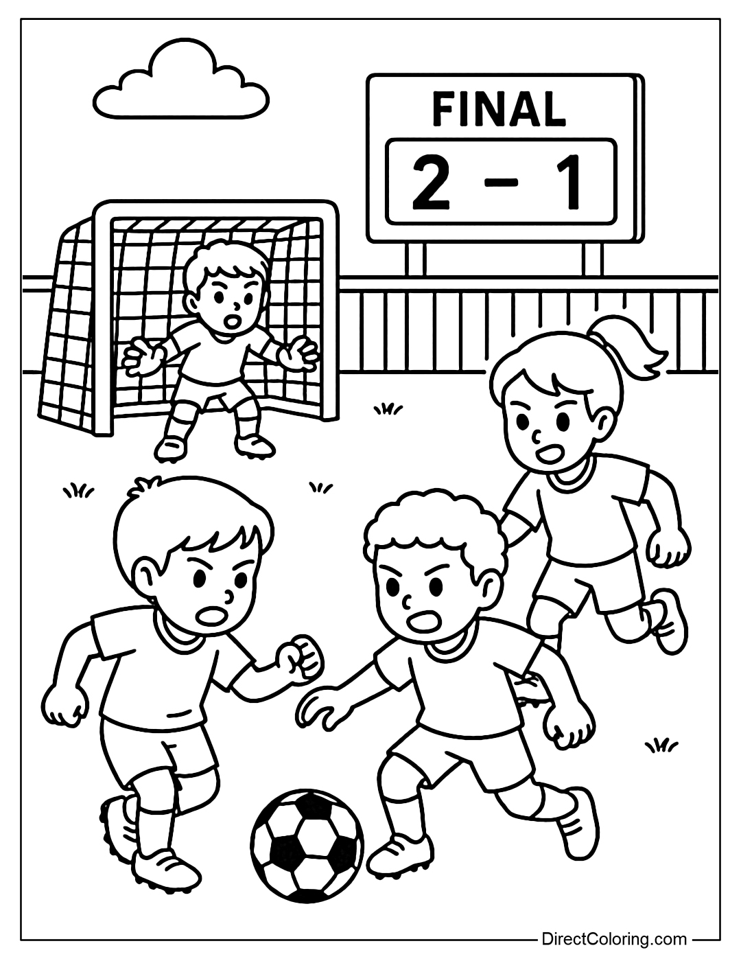 Coloring page for the mini final match between two teams on the field with a scoreboard.